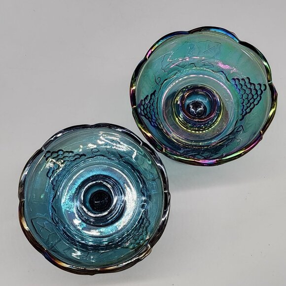Indiana Grape Pattern Carnival Glass Candle Holders Blue & Iridescent Finish 4" - Picture 5 of 7